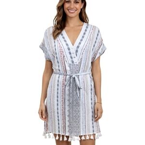 Fate Tribal Stripe Pom Pom Hem Coverup White Multi Cap Sleeves